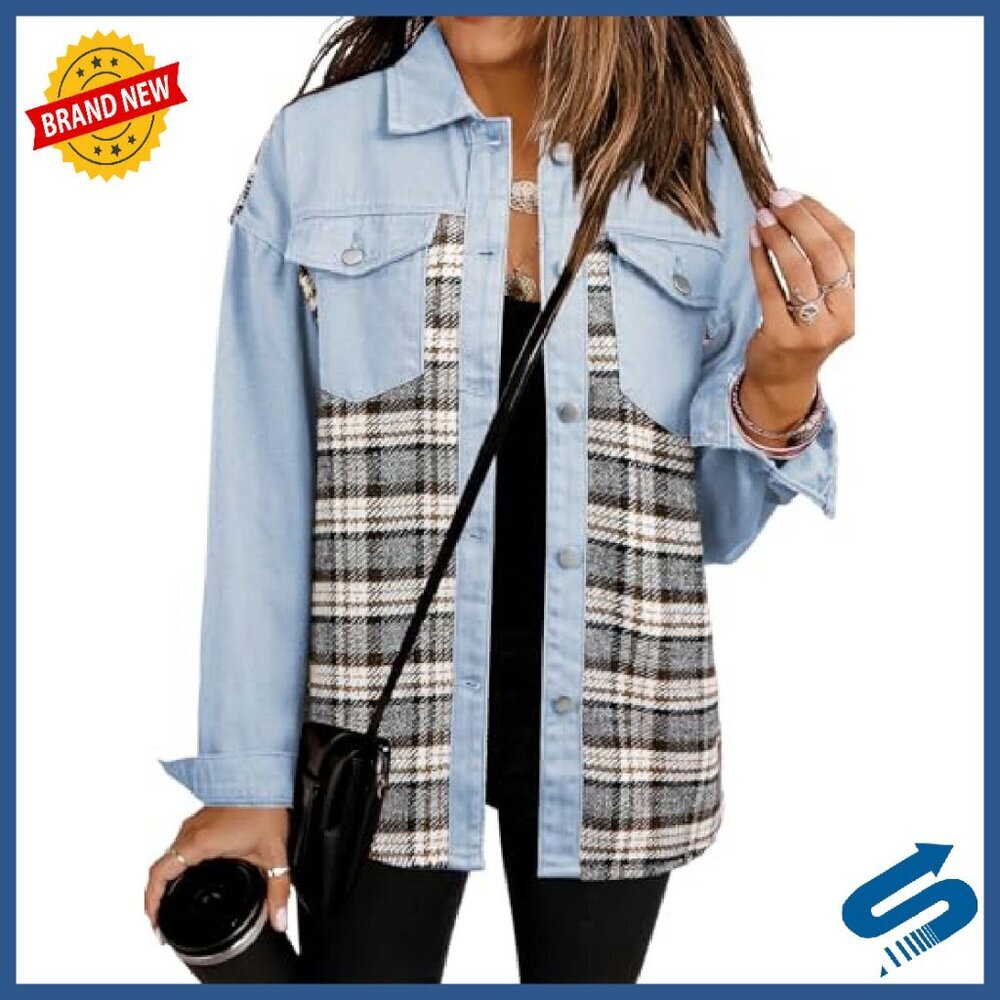 Oversized Denim Plaid Shacket Button Down Long Sleeve Distressed Jacket - Picture 3 of 8